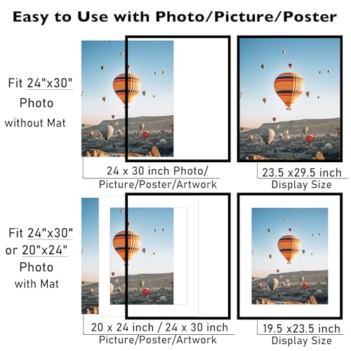 Image of JCJMY 24x30 Picture Frame with 20x24 Mat, Display Photo 20x24 with Mat or 24 x 30 Without Mat, Wall Hanging Large 24 by 30 Poster Frame with Plexiglass, Black