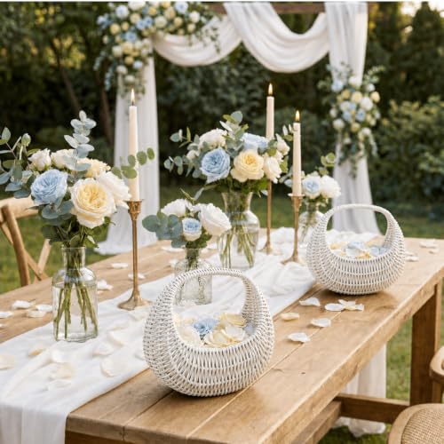 Image of Taiyin 2 Pack Rattan Flower Girl Basket Half Moon Straw Wicker Basket with Handle 6.7 inch x 6.5 inch x 4.3 inch Ideal for Wedding Flower Girl, Picnic, Garden Storage and Home Decor (White)