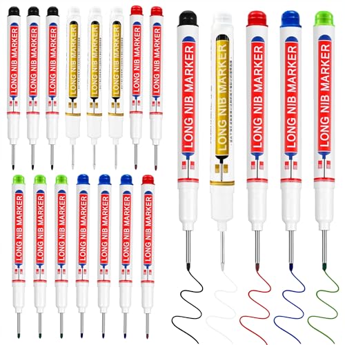 Burcoya 20 Pcs Long Nib Marker 20mm Long Head Deep Hole Marker Pens Deep Reach Permanent Paint Markers Marking Pen for Metal Drilling Construction CarpenterBlack White Blue Red Green