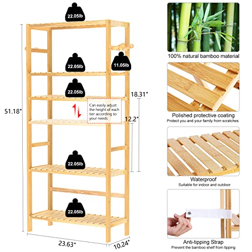 Kozart Bamboo Bookshelf 5 Tier Adjustable Bookcase 51.18” Tall Waterproof Bathroom Shelves Book Shelf With Diagonal Hooks Plant Stands Standing Shelf For Living Room Bedroom Kitchen Office (Natural) #TOP2