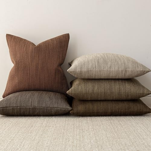 Image of Foindtower Set of 2 Decorative Textured Burlap Linen Throw Pillow Covers Farmhouse Boho Cushion Cover Solid Accent Pillowcase for Couch Sofa Bed Living Room Home Decor,18x18 Inch,Cocoa Brown