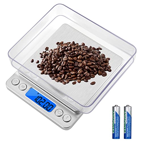 Vinabo Balance Cuisine Électronique Haute Précision 500g/0,01g avec Écran LCD Rétroéclairé, 6 Unités et Fonction Tare Acier Inoxydable Digital Balance,avec 2 Plateaux Gratuits et 2 Piles AAA Argent