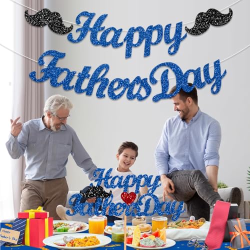 FHGG Happy Father's Day Banner Decorations Glittery Blue Cake Topper Fathers Party Dad's Papa's Garland for Father's Day Supplies Home Celebrate - Image 5