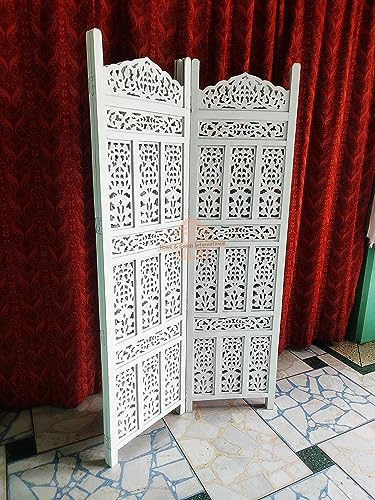 Image of Home & Goods International Wooden Room Divider Partition - Foldable Wood Screen Separator for Living Room, Bedroom, Office, Restaurant || Kangra Badrun Design, White (2 Panel)