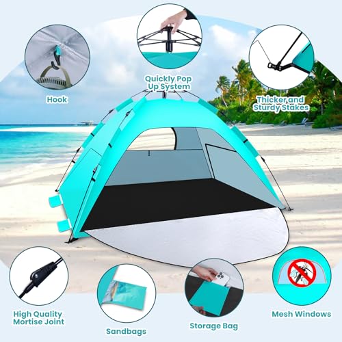WARMTUYO Quick Up Strandmuschel, 3 Sekunde Automatisches Pop Up Strandzelt für Familie, Kein Aufbau Nötig, UV-Schutz 50+… – Ansicht 6