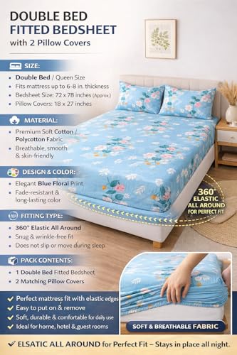 Image of AAZEEM Microfibre Double Bedsheet 100% Microfibre Full Size Sheets Set, Soft & Comfy Thick Full Fitted Bed Sheets Set, Machine wash | Sky Blue |Bedsheet Size -90 X 100 Inches Pillow 17 X 27 Inches |