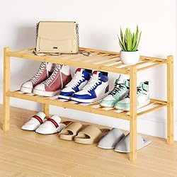 Smiry Bamboo Shoe Rack, 12 Vertical Slats, 2 Tier - 26.8" Wide, Natural | Stackable Free Standing Wooden Shoe Organizer, Wood Shoe Storage Shelf for Closet, Entryway