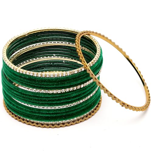 Image of ZENEME Gold-Plated Matte Finish Velvet White American Diamonds Studded Bangles Set Of 18 For Girls and Women