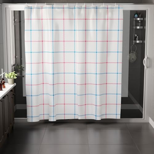 Image of Encasa XO Bathroom Shower Curtain 8 Feet with 10 Hooks | (56x96 in) Quick Dry Heavy Printed Polyester Fabric Bathroom Curtains Waterproof | Machine Washable, Mould & Mildew Resistant - Squares