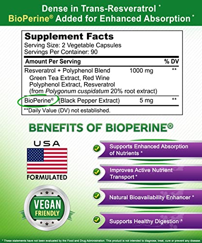 100% Natural Resveratrol With Red Wine Extract - 180 Capsules - Trans Resveratrol Antioxidant Supplement Pills For Pure Heart Health - Extra Strength Trans-Resveratrol #TOP3