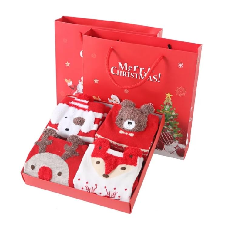 Cute Girls Cartoon Christmas Winter Socks,4 Pairs Creative Women's Christmas Cotton Socks Crew Socks with Gift Box