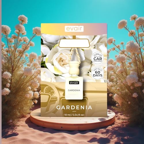 Image of Evair Gardenia Car Air Freshener | Hanging Car Perfume | Premium Car Fresheners | Car Aroma with Essential Oils| Hanging Perfume for Car in Glass Bottle with Wooden Diffuser Lid (10ml, Pack of 1)