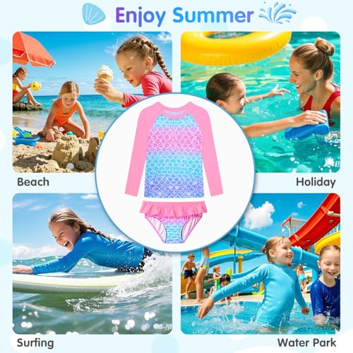 Image of Girls Rash Guard Swimsuit Long Sleeve Tankini Sets Two Pieces Bathing Suit Swimwear UPF 50+ Sun Protection