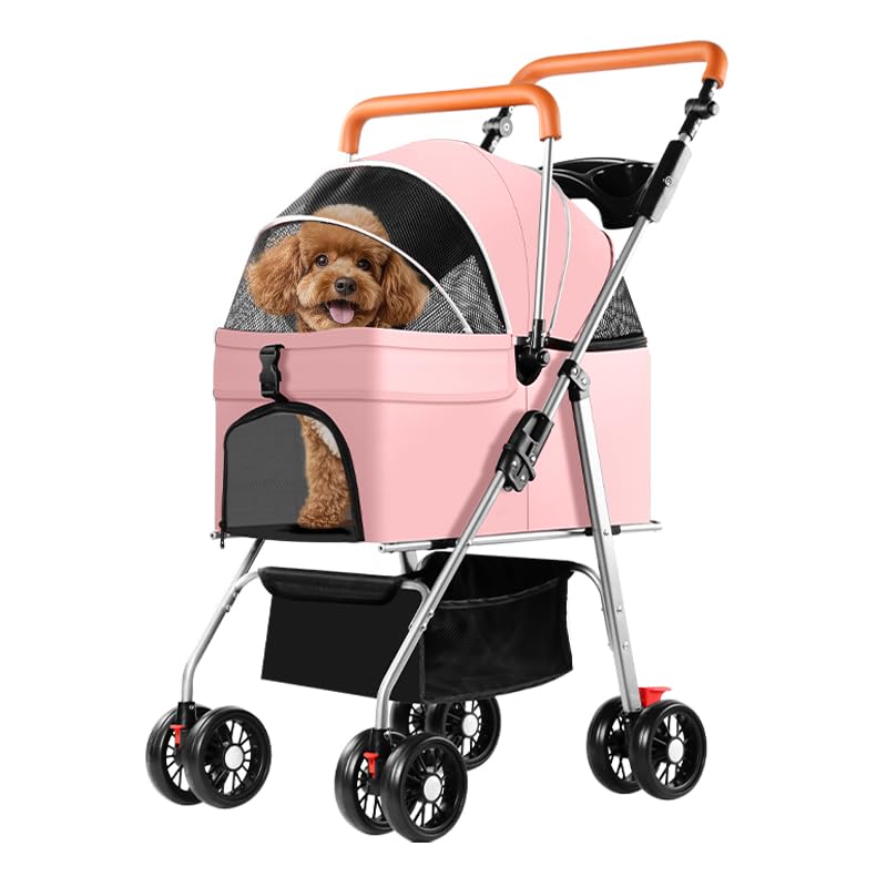 Simcat Passeggino per cani di piccola taglia e gatti, passeggino pieghevole per cani di taglia media con ruote in gomma resistenti all'usura a 360°, trasportino da viaggio per cani (rosa)