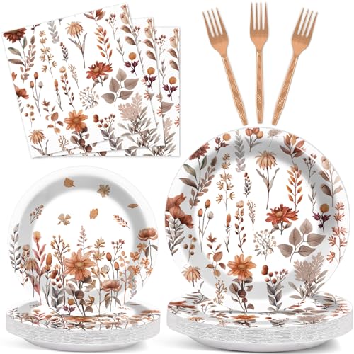Fall Floral Plates and Napkins for Wildflower Party Supplies Watercolor Fall Floral Dessert Plates Autumn flower Tableware Set for 24 Guests Birthday Baby Shower Wedding Party Decorations