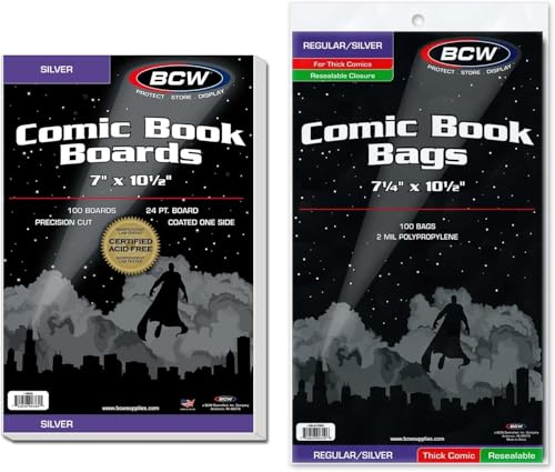 BCW Thick Resealable Silver/Regular Comic Bags & BCW Silver Comic Backing Boards | Acid-Free Storage for Comics | Comic Book Sleeves and Boards | 100 Bags & 100 Boards