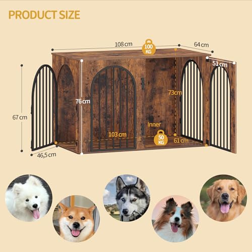 Hzuaneri Hundekäfig Möbel, 108 cm Hundebox für Zuhause, 3 Türen, Bogentür, Moderne Hundebox Indoor für Hunde, Beistelltisch, Hundekäfig Hochbelastbar, 108 x 64 x 76 cm, Vintagebraun DFC86001B