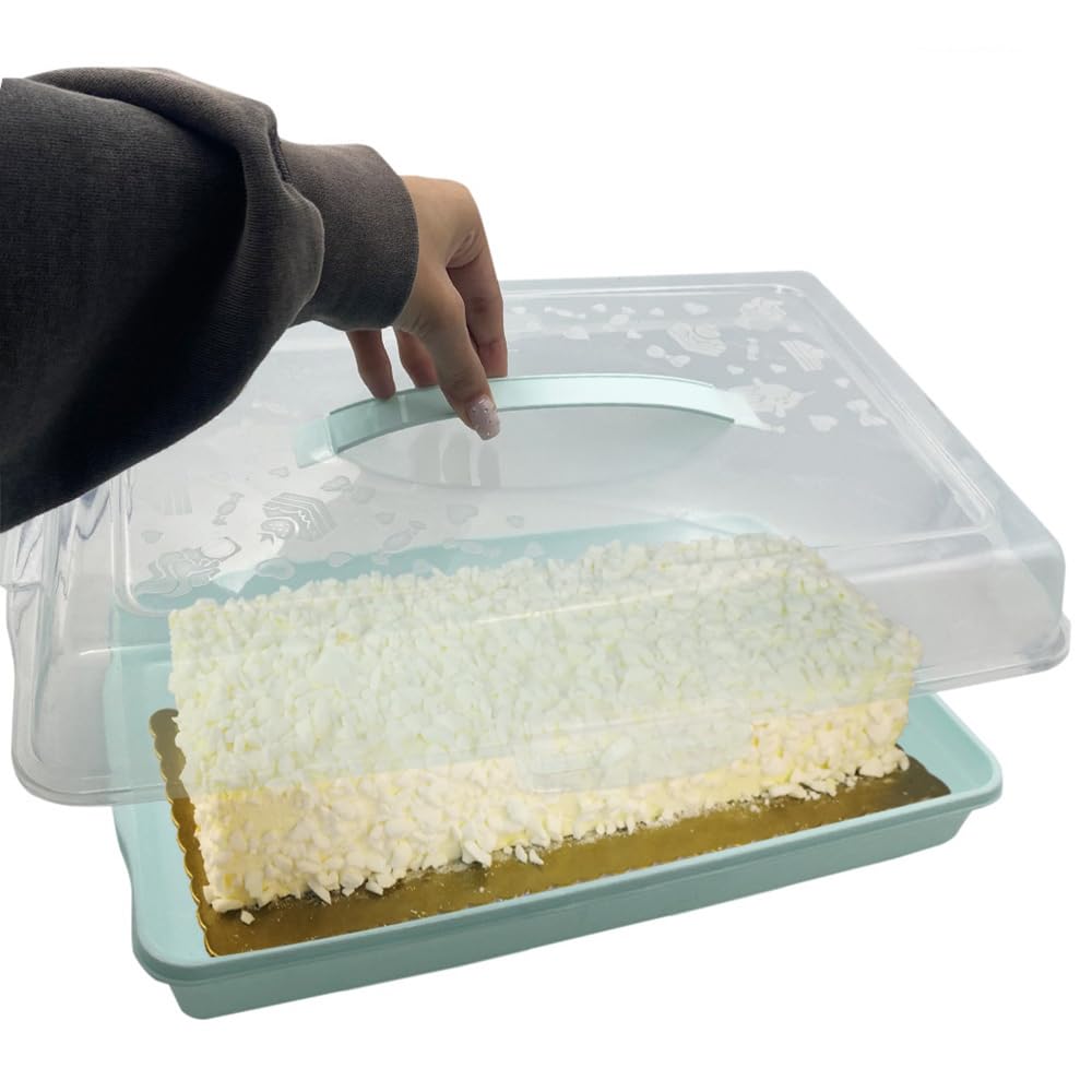 VIRSUS Porta Torte RETTANGOLARE in plastica, misura 43x30x10 cm, Contenitore con coperchio trasparente, portatorte 4 chiusure di sicurezza, per la conservazione di dolci e torte -6778F (Verde Acqua)