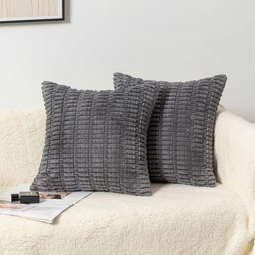 SHENGRUI Grey Cushion Covers 45cm x 45cm with Invisible Zip for Room Decor, Chain Corduroy Fabric for 45x45 Cushions, Set of 2 Soft Cushion Covers