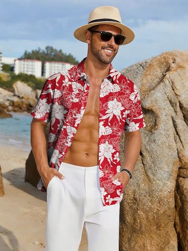 Image of Yoimira Hawaiian Shirts for Men, Print Mens Casual Short Sleeve Button Down Shirts Floral Aloha Beach Shirt