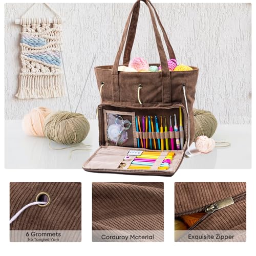 Image of MYBAGZING Large Yarn Tote Organizer - Corduroy Knitting Storage Holder for Yarn, Hooks & Accessories, Portable Craft Carryall for Crocheting Lovers, Mother's Day Gift
