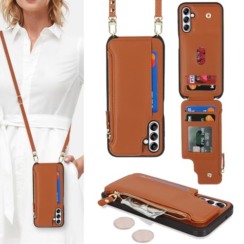 Étui portefeuille en cuir Samsung Galaxy A14 5G chic marron pour femme
