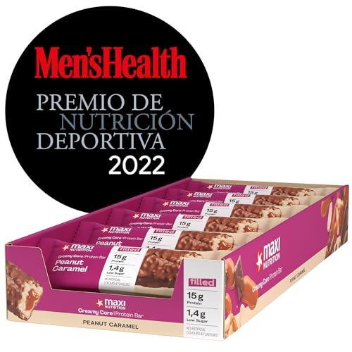 MaxiNutrition Barritas Creamy Core sabor a cacahuete y caramelo, 12 barritas proteicas de 45 g, 32% de proteína, 15 g por barrita, bajo en azúcar, sin azúcares añadidos, sin aromas artificiales