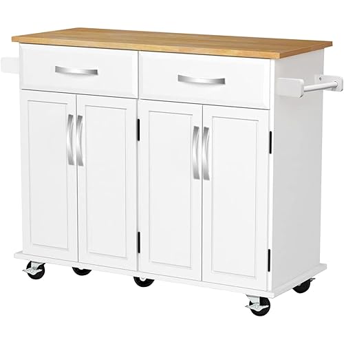Codesfir Kitchen Island with Drawers and Large Storage Cabinet, Rolling Kitchen Serving Cart with Towel Holder Utility Trolley, Rubber Wood Top, Easy to Assembly,(White)