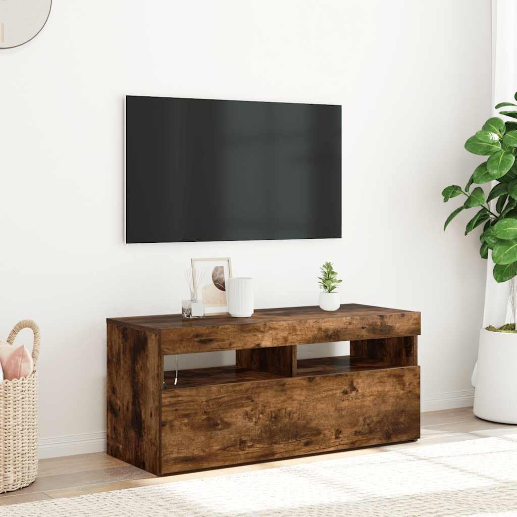 Meuble TV Moderne avec Éclairage LED RGB, Meuble de Salon en Bois d'Ingénierie Chêne Fumé 90 cm, Rangement Pratique pour Téléviseur, Console de Jeux Vidéo et Déco Salon