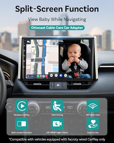 Image of OTTOCAST Cabin Care Baby Car Camera with Wireless CarPlay Adapter, 1080P HD Baby Monitor with IR Night Vision, 150 Wide Angle, Real-Time Rear Seat View On Car Screen, Easy Install