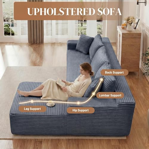 Image of 95 inch L Shaped Cloud Boneless Sectional Couches for Living Room, Modern Comfy Modular Deep Seat Memory Foam Compressed Corduroy Sofa Oversized Right Facing Chaise, No Assembly Required, Grey