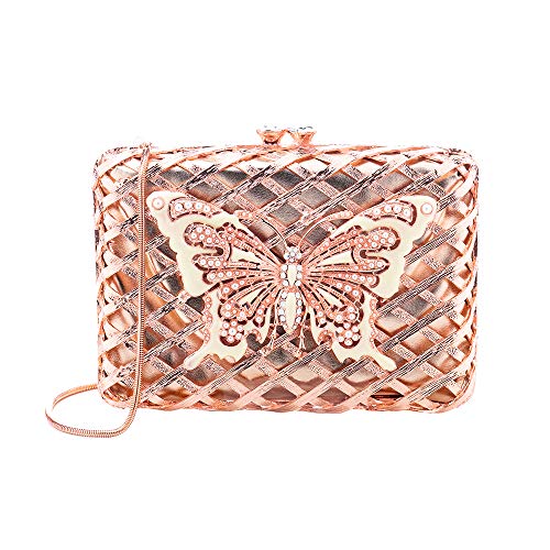 Bolsa Clutch Metal Trama com Borboleta em Cristais (Ouro Rosa)