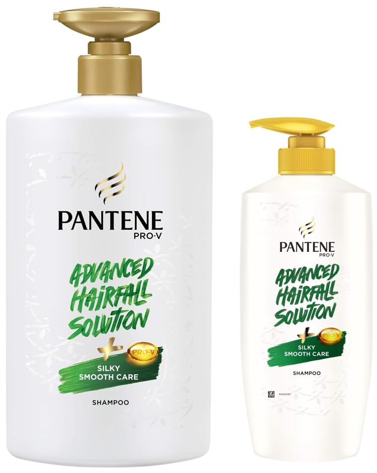 Image of Pantene Advanced Hairfall Solution, Anti-Hairfall Silky Smooth Shampoo for Women, 1L & Pantene Advanced Hairfall Solution, Silky Smooth Care Shampoo, Pack of 1, 650ML, Green