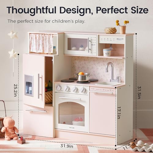 image for Tiny Land Play Kitchen for Kids, Upgraded Wooden Kitchen Toy with Comp