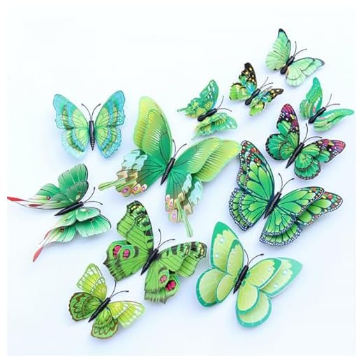 12pieces Lifelike 3D PET Butterfly Decoration Set - Vibrant Colors, Easy Hanging, Great for Weddings, Parties, Valentine's Day, Photo Booths, and Home Decor, Green