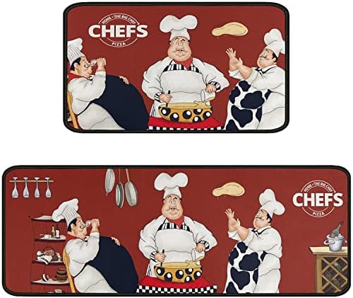 Faptoena Fat Chef Kitchen Rugs and Mats Sets of 2,Red Kitchen Decoration Rugs,Rubber Backing Non-Slip Floor Mat for Sink Washable Waterproof Laundry Room Runner Rugs