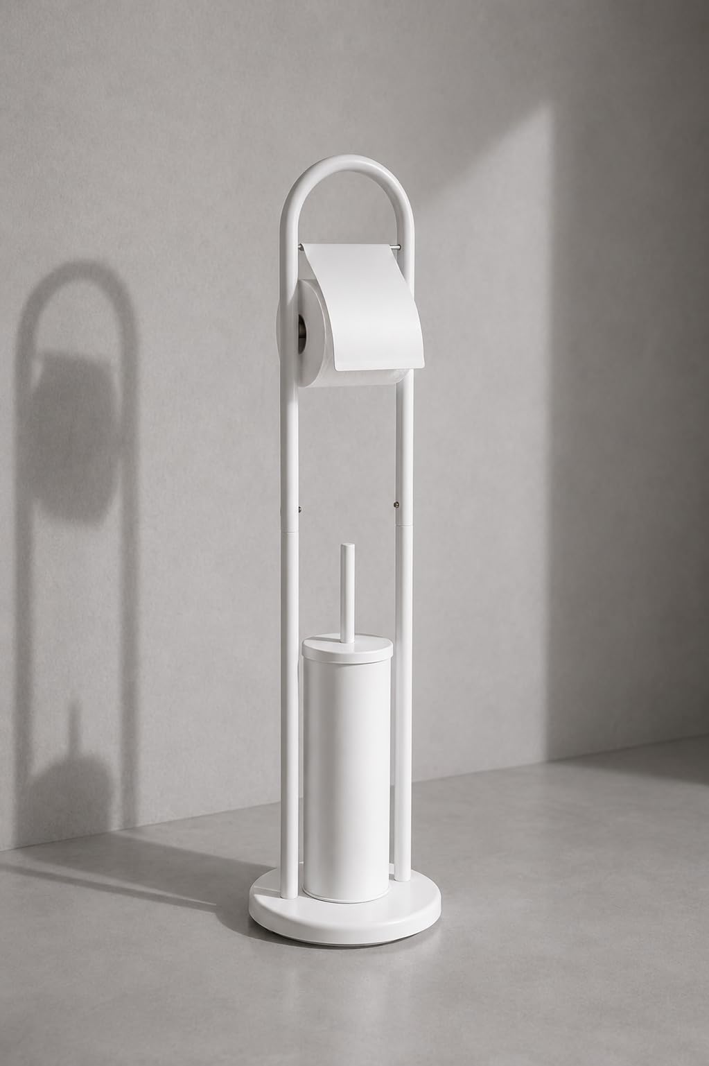Porta Rotolo con Scopino WC da Terra in Acciaio Inox, Porta Carta Igienica Bagno Moderno Salvaspazio (Bianco)