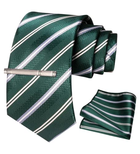 Image of RBOCOTT Silk Stripe Plaid Tie and Pocket Square with Tie Clip Sets for Men