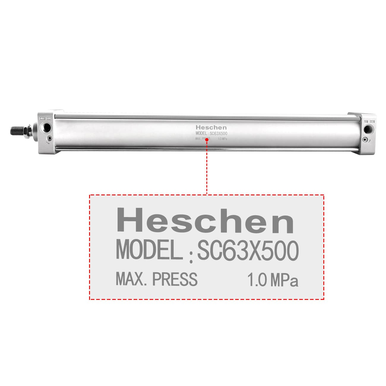 Heschen Cilindro neumático estándar, SC 63-500, PT3/8'' Puerto, 63mm diámetro, 500mm Carrera, Doble Efecto
