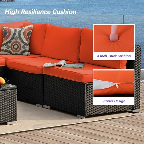 Image of 7 Piece Outdoor Sectional Outdoor Patio Furniture Set, Outdoor Patio Furniture Set with Coffee Table, Sectional Couch Sofa with Cushions, Wicker Outdoor Conversation Set for Backyard & Garden, Orange