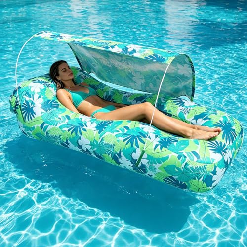 Image of TOBTOS Pool Lounge Float with Canopy, Portable Wind Inflatable Pool Floats for Adults with Headrest & Storage Space, Inflatable Couch for Swimming Pool,Beach