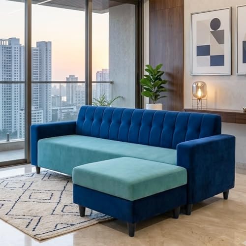 Image of FURNY Luxe 4 Seater L Shape Sofa Set with Movable Ottoman | Flexible Left or Right Layout | Plush Velvet Fabric (Dark Blue-Sky Blue) | Perfect for Living Room, Guest Room & Office