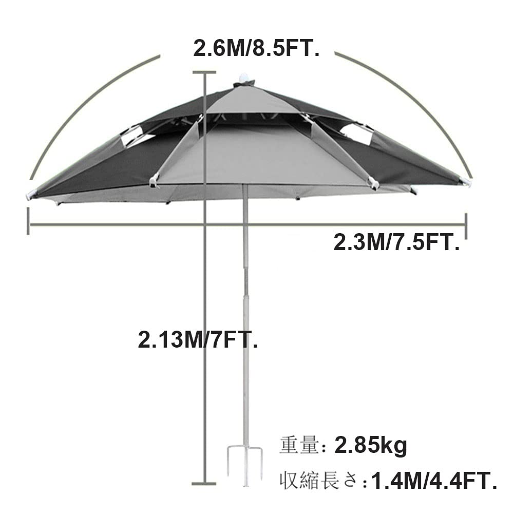 Parasol Anti-UV - Parasol de Plage - Inclinable - Réglable - Camping - la randonnée - Piscine - Parapluie de Pêche Pliable Noir (Size : 260CM/8.5ft)