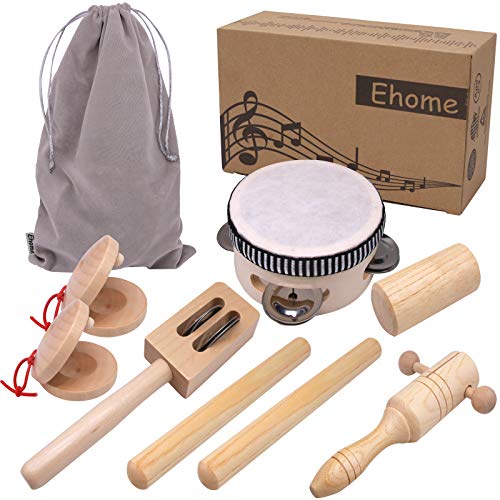 Ehome Toddler Musical Instruments, Natural Wood Instruments for Babies Percussion Instruments Toy Sets for Kids Preschool Educational Eco-Friendly Wooden Toys with Storage Bag for Boys and Girls