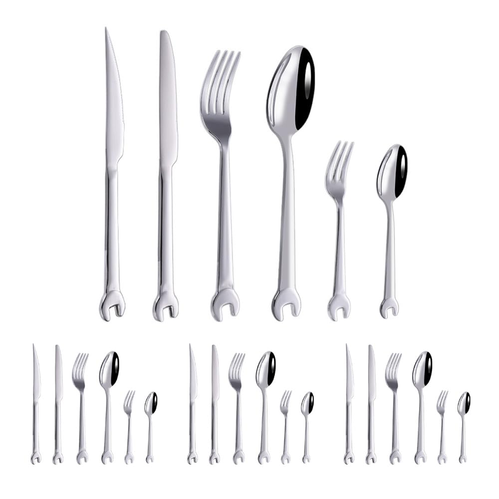 Chiave Unica Maniglia Cucina Acciaio Inossidabile Posate Stoviglie Posate Set Coltello Da Bistecca Forchetta Cucchiaio Cucchiaino (B,24 pezzi)