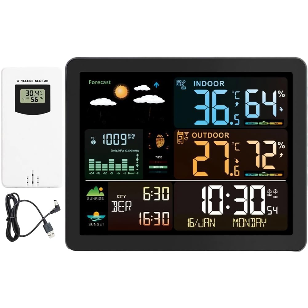 Digitale di umidità Radio Controlled Desk Clock Stazione Meteo Calendario Allarme Previsione temperatura Snooze Termometro