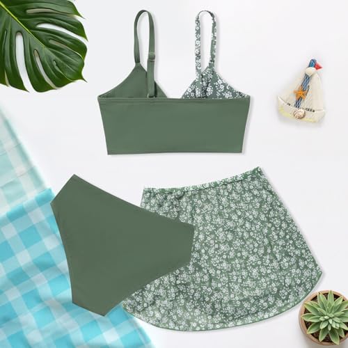 Weixinbuy Girls Swimsuit 3 Piece Tropical Floral Twist Cross Bathing Suit Bikini Sets with Cover Up Skirt Swimwear Size 9-163