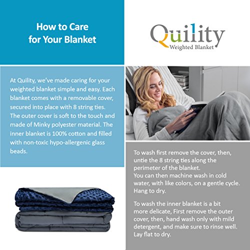 Quility Premium Adult Weighted Blanket & Removable Cover - 15 lbs - 48"x78" - for Individual Between 90-150 lbs - Twin Size Bed - Premium Glass Beads - Cotton/Minky - Grey/Navy Blue Color
