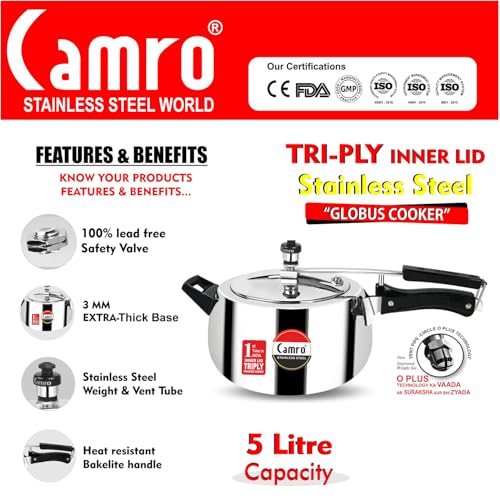 Image of Camro Triply Pressure Cooker 5 litres Stainless Steel | BIS Certified | Kitchen Cookware Pressure Cookers Inner Lid | Globus Rice Cooker Versatile Cooking Utensil | Induction and Gas Stove Friendly