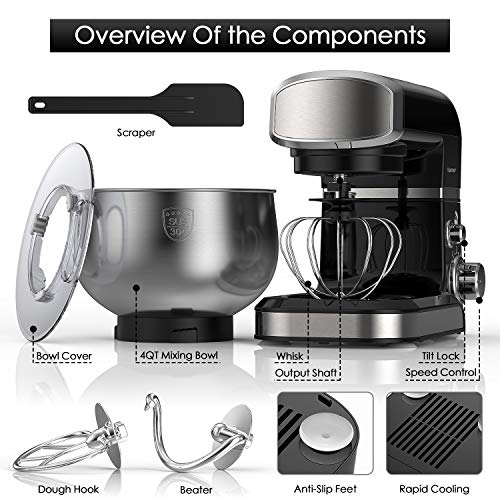 Lilpartner Stand Mixer, 1000W Professional Electric Kitchen Mixer Food Mixer, 6-Speed Tilt-Head Dough Mixer with 4-Qt Stainless Steel Bowl, Mixing Beater, Whisk, Dough Hook, Scraper &Splash Guard